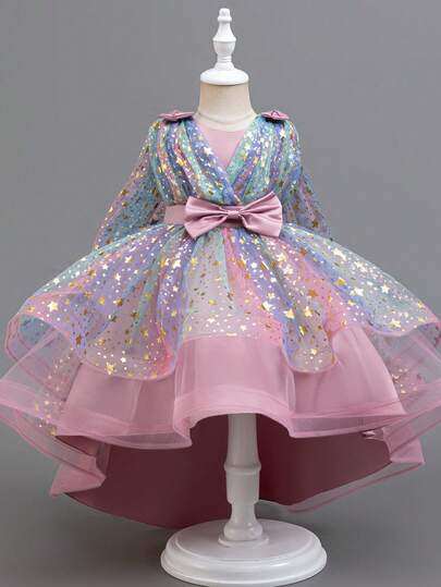 Sparkly Star Decor Sleeveless Girls Princess Dress With Asymmetrical Hem, Puffy Tulle Skirt, For Holiday, Party, Graduation
