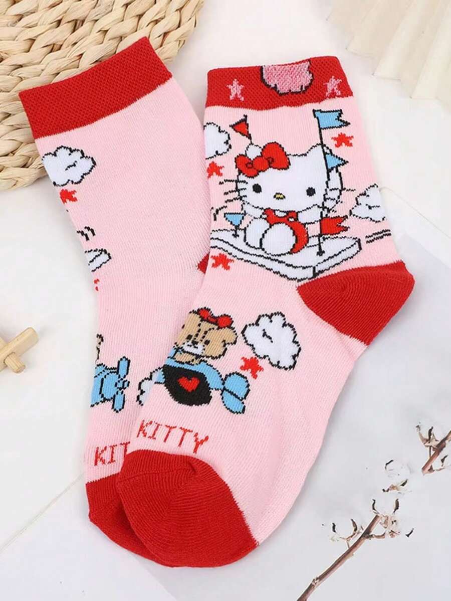 Sanrio 1Pair Sanrio Hello Kitty Socks Kitty Cat Spring And Fall Mid-Calf Cotton Cute Cartoon Girls Socks Girls Gifts