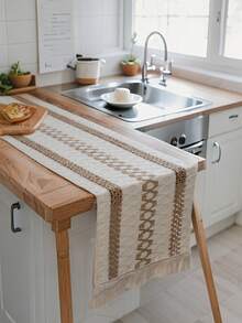 Tokoto 1pc Bohemian Woven Table Runner, Vintage Geometric Jacquard Tassel Dining Table Decor Cloth, Wabi-Sabi Style Coffee Table Cloth - Multicolor - View 3