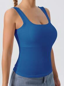 1 pieza Camiseta de tirantes sin mangas casual con espalda en U desmontable y acolchada en azul marino, adecuada para usar en capas, para hacer ejercicio - azul real - Ver 4