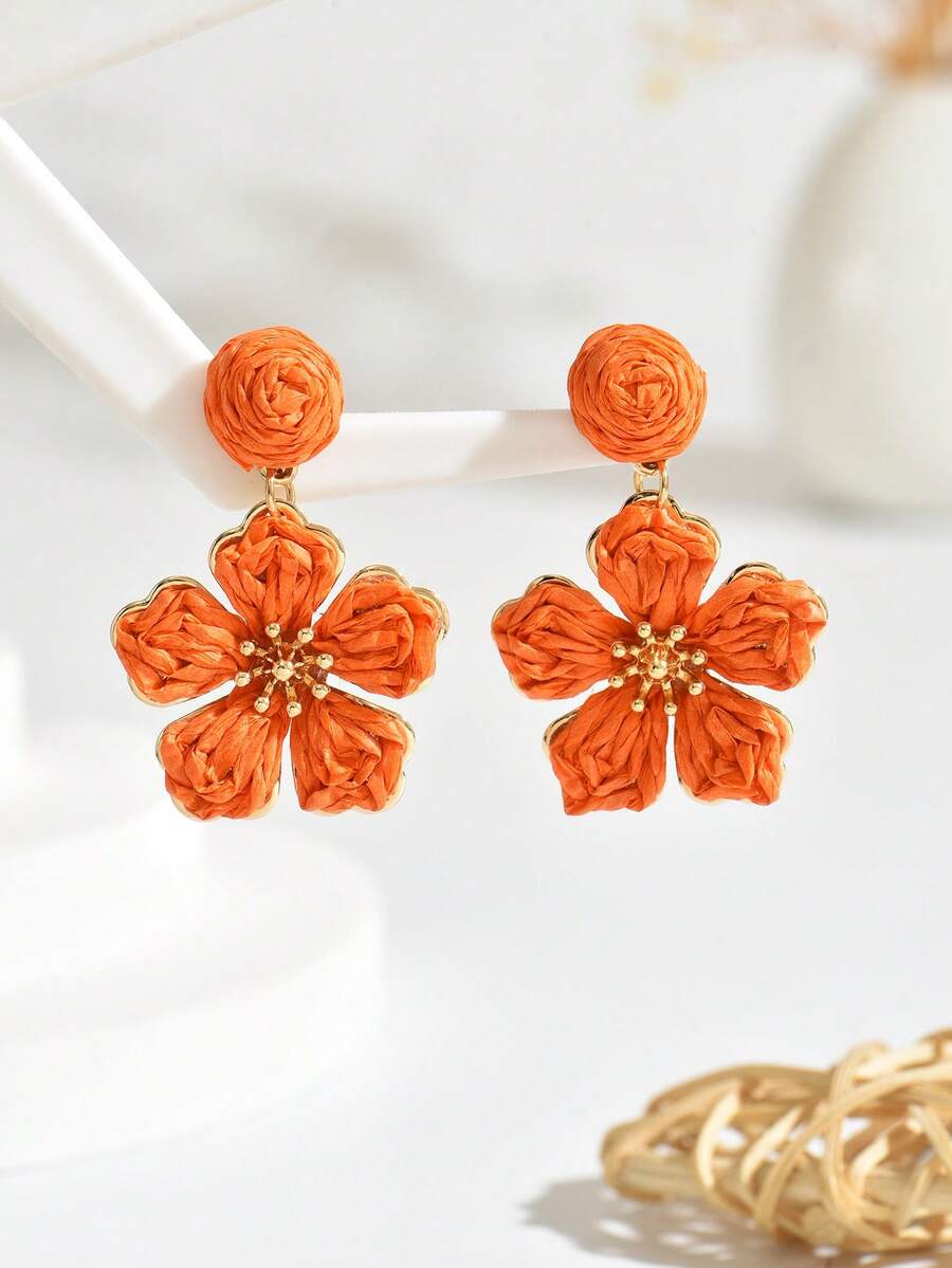 OOQ 1 Pair Handmade Boho Style Rattan Woven Colorful Flower Drop Earrings, Minimalist High-End Floral Tassel Earrings, Suitable For Daily, Vacation, Party Wear For Women (Handwoven May Have Minor Defects) - Orange - View 1