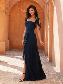 MOEVIO Women's Elegant Off-Shoulder Ruffle Sleeve A-Line Slit Thigh Bridesmaid Wedding Guest Formal Evening Gown, Suitable For Prom, Graduation, Holiday, Birthday Party, Autumn - Navy Blue - View 7