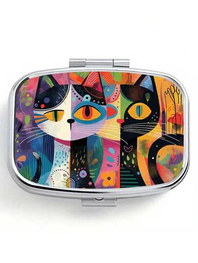 1pc Abstract Cat Pill Box - Dual Compartment Painted Metal Medication Organizer, Portable Travel Pill Case, Fits Pocket/Purse - Unique Decorative Vitamin Storage Box Gift, Artistic Design, Compact Pill Organizer