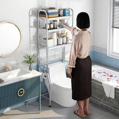 Portarrollos de papel higiénico de acero inoxidable con ganchos - Estantería de almacenamiento para el baño que ahorra espacio, estantería de almacenamiento independiente de metal para guardar artículos de tocador, toallas y artículos esenciales, sin necesidad de electricidad, estantería de almacenamiento para el baño, portarrollos de papel higiénico para el baño, organizador de artículos de tocador, decoración moderna para el baño, estructura duradera, diseño sencillo, estructura resistente, para vivir en apartamentos