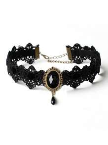 Gothic Style Black Lace Choker With Rhinestone Inlaid For Women, Vintage Charm Fashion Accessory For Halloween