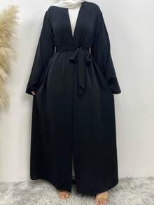 Women's Ramadan Abaya Muslim Batwing Sleeve Shirt Prayer Dress Kaftan Dubai Islamic Loose Maxi Corseted Waistband Smock - Black - View 5