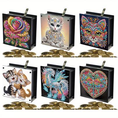 DIY 5D Diamantmalerei Sparschwein - Acryl Spardose mit Katzen-, Rosen-, Einhorn- und Libellendesign, dekorative Geldkassette für Zuhause, Geburtstagsgeschenke und DIY Bastler