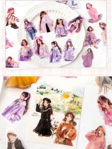 30/120张温柔日记系列PET模切贴纸包，时尚冬装女性角色贴纸，学生计划装饰贴纸