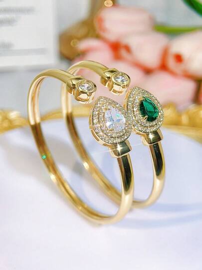 SEQUITO 1 pièce Bracelet de luxe ajustable pour femmes, goutte d'eau avec zirconium cubique blanc, vert, AAA, plaqué or jaune, pour banquet et dîner, bijou de main