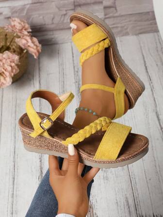 Plus Size Women's Strap Wedge Heel Sandals, High Heels 2025 Summer New Fashion Fairy Style Solid Color Vacation Bohemian