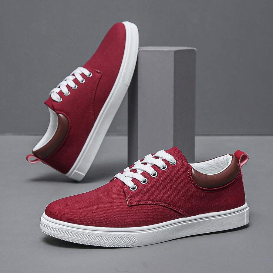男士休闲简约运动滑板鞋，低帮帆布运动鞋，透气 - 酒紅色 - 查看 1