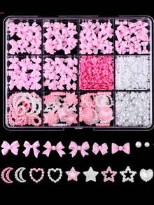 12件/盒 3D美甲装饰套装，包含树脂蝴蝶结美甲饰品、5款3D扁平珍珠（白色、蓝色、黑色、彩色、粉色美甲装饰水钻），适合女性和女孩，DIY美甲装饰钻石，美甲用品，适用于家庭美甲沙龙和手机，混合尺寸，美甲装饰宝石