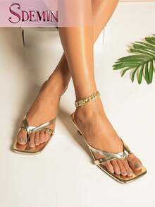 夏季新款女士纯色拖鞋，优雅度假鞋，休闲沙滩高跟凉鞋，时尚一脚蹬高跟鞋，适合正装 - 金色 - 查看 7