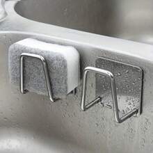 1pc Random Color, 1 Piece Kitchen Sink Stainless Steel Sponge Holder - No Drilling Required, Wall-Mounted Design With Double Hooks, Perfect For Sponges And Gadgets, Keeps The Surface Clean, Sponges For Washing Dishes