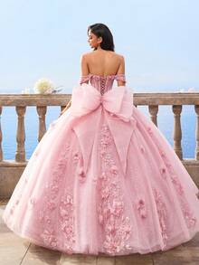 HEARBOBO Giáng sinh dễ thương 3D ren hoa thêu nơ phóng đại sang trọng váy dạ hội thanh lịch cho phụ nữ, váy cưới cổ tích cô dâu, váy dự tiệc - Hồng - Xem 4