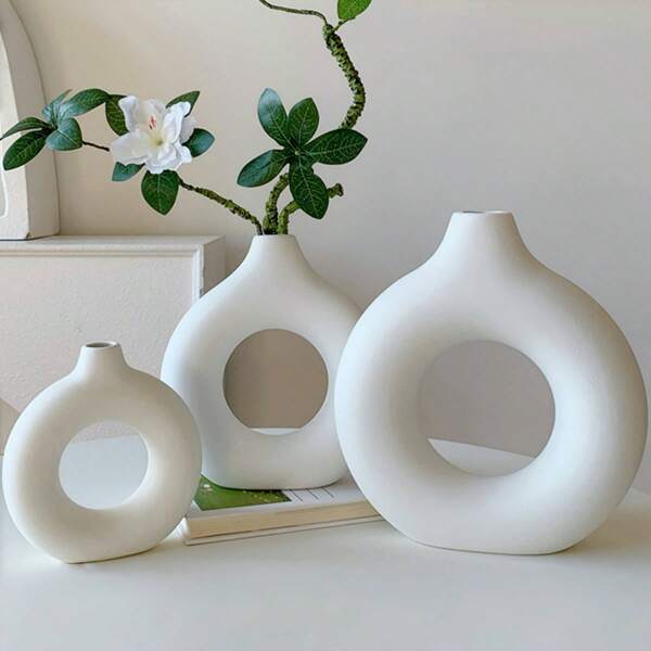 3pcs Donut Vase, Pampas Grass Round Vase, Matte White Vase, Home Decor Vase, Ideal Gift For Wedding, Back To School, Halloween, Birthday Party