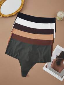 6 piezas Bragas de unicolor talla grande, comodidad casual - minimalista casual - encanto maduro romántico - encanto maduro elegante, tela de punto suave acanalada (waffle) para primavera/verano otoño/invierno, básico sexy tipo tanga - Multicolor - Ver 5