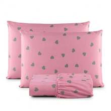 Single Sheet Set With 2 Pieces Printed Cotton Fabric With Elastic All Around And Pillowcase In Matchstick Stitch - 乾枯玫瑰色 - 查看 1