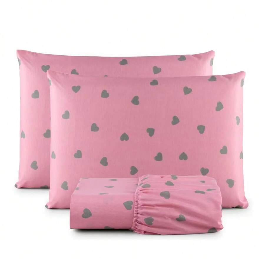 Single Sheet Set With 2 Pieces Printed Cotton Fabric With Elastic All Around And Pillowcase In Matchstick Stitch - 乾枯玫瑰色 - 查看 1