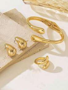 1 Set Minimalist Metallic Geometric Teardrop Shape Shiny Bracelet, Ring, Earrings Set, Suitable For Women Everyday, Party, Date Outfit Accessories