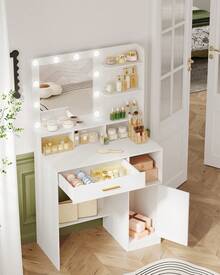 Hzuaneri Dressing Table With Mirror And 10 LED Lights, Makeup Vanity With 3 Shelves & 4 Open Compartments, Large Drawer & Cabinet, Adjustable Lighting Brightness - White - View 1