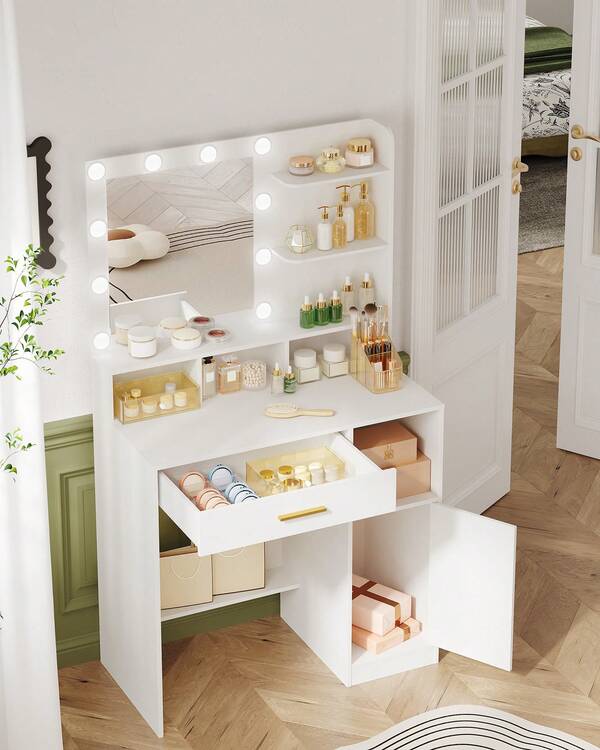 HaluPeit Dressing Table With Mirror And 10 LED Lights, Makeup Vanity With 3 Shelves & 4 Open Compartments, Large Drawer & Cabinet, Adjustable Lighting Brightness