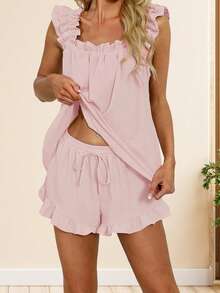 Women's Summer Lounge Set Ruffle Shoulder Strap Tank Tops Drawstring Shorts Sleepwear Sets - Pink - View 4
