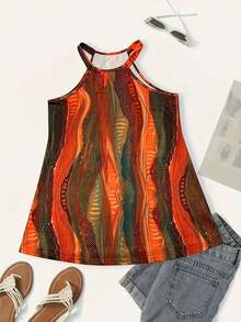 Plus Size Women's Print Halter Neck Vintage Sleeveless Halter Top - 彩色 - 查看 2