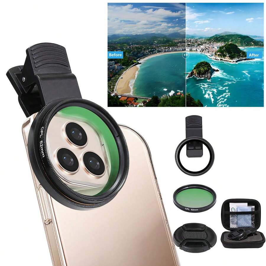 Universal Phone Camera Lens Polarizer Filter Suitable For Mobile Phone Lenses Reduce Reflections Enhance Colors And Improve Shooting Quality Compatible With Iphone Android Phone For Summer Vacation, Travel, Creative Photography, Social Media Content, Vlogging Phone Accessories - Black - View 1