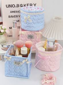 1 Cute Pink And Blue Three-Dimensional Bow Lace Storage Basket, Tabletop Miscellaneous Storage Basket, Waterproof Makeup Brush & Skincare Basket, Tabletop Decoration, Cosmetic Organization Rack, Portable Picnic Basket, Valentine's Day Gift - Multicolor - View 2