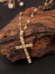 1pc 18K Gold Plated Cubic Zirconia Cross Pendant Adjustable Classic Necklace, Luxury Fashion Versatile Collar Necklace For Women, Suitable For Daily Wear, Commute, And Party