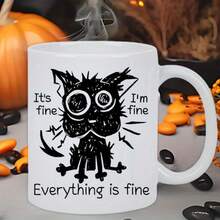 "It's Fine" Sarcastic Black Cat Ceramic Coffee Mug - Insulated Reusable White Cup With Humorous "I'm Fine" Quote, Hand-Wash Only, Perfect Gift For Coffee Enthusiasts & Cat Lovers, Casual Drinkware, Playful Design, Durable Drinkware, Quirky Style, Sturdy Construction, Office Workers - Không sao đâu - Xem 5