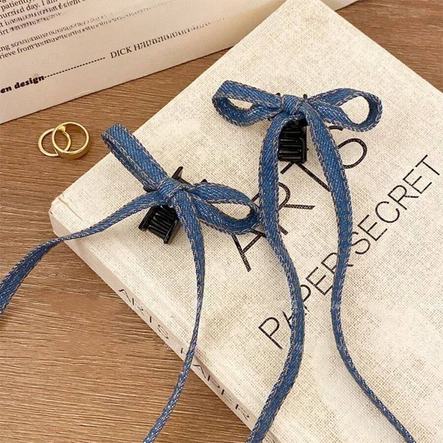 2 piezas Pinzas para el cabello con lazo azul vaquero retro, nuevos ganchos para el flequillo para mujeres, artículos escolares, elegantes, para la universidad, lazos azules, atuendo de invierno para mujeres, lindos, elegantes