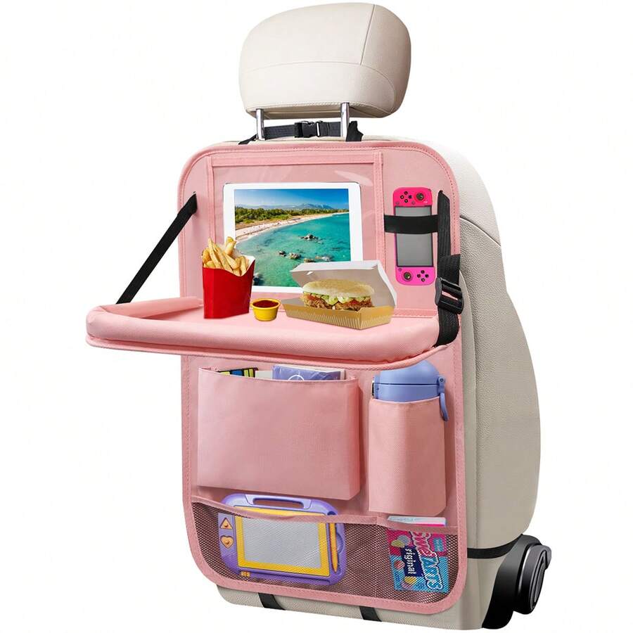 1pc Car Backseat Organizer, Folding Rear Seat Car Parts, Road Trip Car Accessories, Multi-Function Backrest Storage Trash Can, Large Storage Bag, Notebook, Dining Table, Tray