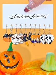 10 Stücke/50 Stücke neue Lustige Halloween Ohrringe, Gothic Schädel, Geistgesicht, schwarze Katze, Kürbis, Fledermaus Ohrhänger Schmuckset aus Zinklegierung für Frauen
