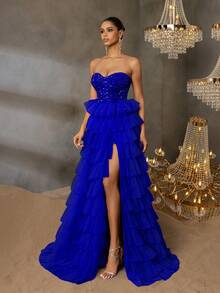 华丽亮片连衣裙，层叠雪纺裙摆，高开衩设计 | 适合正式晚宴、婚礼和戛纳派对的奢华晚礼服 - 寶藍色 - 查看 6