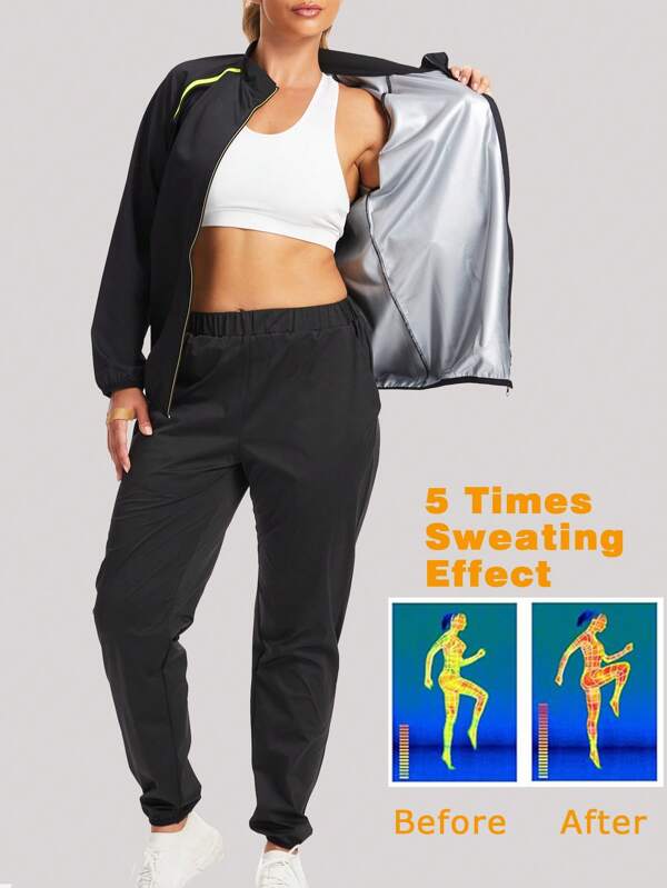 1 Set Damen Trainingsanzug mit Silberbeschichtung, Jacke und Trainingshose, für Outdoor Sport, Abnehmen, Laufen, Fitness