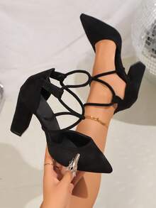 Sandale elegante cu vârful ascuțit, toc gros, talpă moale, respirabile, cu toc pătrat, pentru nuntă/petrecere, versatile pentru exterior, cu bareta încrucișată, tocuri înalte negre, pentru vacanță - Negru - Vizualizare 6