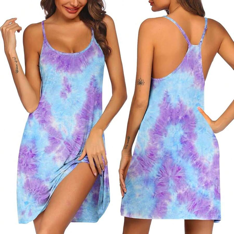 Women's Racerback Sleeveless Nightgown, Sleepwear - Blue Tie Dye - View 1
