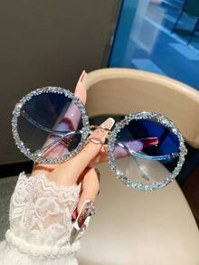 1 chiếc kính mát thời trang tròn kim loại đính đá trang trí cho nữ cỡ lớn cổ điển thanh lịch độc đáo Y2K thời trang, cho kỳ nghỉ khác biệt - Vàng - Xem 3