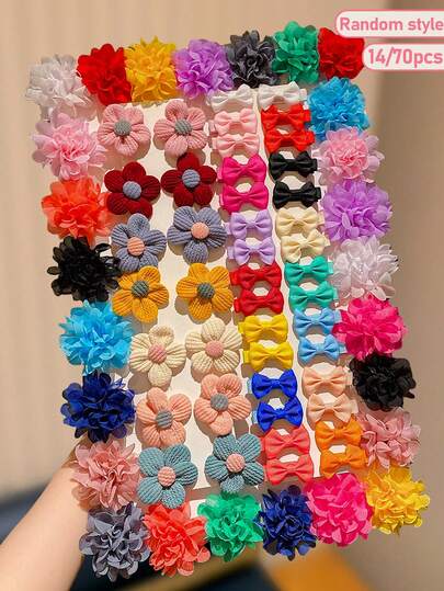 14/70 piezas Clips para el cabello con lazos y flores de colores aleatorios, mejor regalo para niñas adorables, adecuado para salidas casuales y uso escolar, accesorios de moda para el cabello - Colores aleatorios, pasadores de flores de doble capa que no dañan, clips para el cabello de estilo princesa versátiles