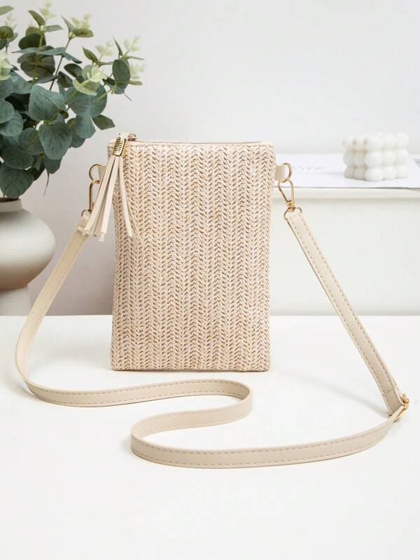 Mini Umhängetasche für Damen, handgewebte Umhängetasche, einfarbige tragbare Handtasche, französische lässige Quasten Dekoration Tasche, große Kapazität Multifunktions Reißverschluss Schultergurt Tasche, Reise-Einkaufstasche, für den täglichen Gebrauch, Strohgeldbörse, Strohstrandtasche, Strandutensilien, Strandaccessoires und Sommerbedarf