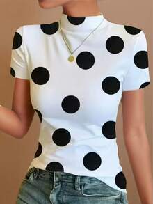 Ice Silk Knit Mock Neck Short Sleeve T-Shirt, Women Fashion Print Casual Blouse For Summer - White - View 3