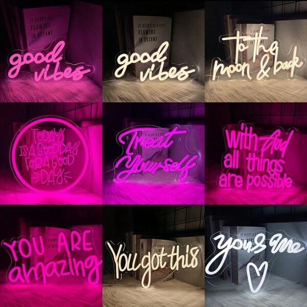 Good Vibes/To The Moon & Back/Today Is A Good Day For A Good Day/Treat Yourself/With God All Things Are Possible/You Are Amazing/You Got This/You & Me LED Neon Sign, Wedding LED Neon Lights Sign, Bedroom Wall Decor Letter Neon Light, Suitable For Room Decor, Birthday Gift, Party, Valentine's Day Gift, Anniversary, Home Decor, Bar, 5V USB Powered, Switch Control, Easy To Install. ﻿