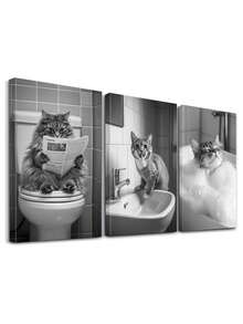 Set Of 3 Bathroom Scene Poster, Cat Newspaper Canvas Print Wall Arts, Reading Cat Poster, Sink Splash Art Prints, Relaxing Cat Wall Arts, Bubble Bath Bulk Modern Artwork, Wall Arts, Room Aesthetic, Posters, Ideal Gift, Optional Framed ,Wall Art With Frame