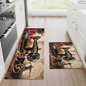 Felpudo con diseño de máquina de coser vintage, carrete de hilo y tijeras, adecuado para cocina, entrada, dormitorio, sala de estar, baño, decoración interior y exterior
