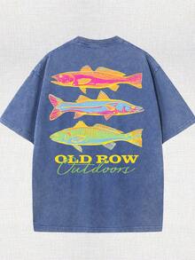 Men's Casual Summer Washed Cotton T-Shirt [Old Row Outdoor] Fish Print, Round Neck, Short Sleeves, Lightweight Cotton Knitted Fabric, Casual Summer Round Neck Shirt | Rib Details. - 寶藍色 - 查看 2