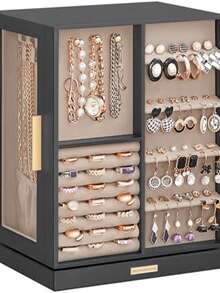 360° Rotating Jewelry Box With 5 Drawers, Side Glass Window, Large Size, Accessory Storage, Open Design, Slate Gray For Women Storage Organizer Travel Essentials For Women Storage Organizer Travel Essentials Gift Back To School