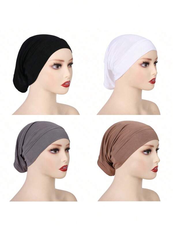 4 Pieces/Set Solid Color Inner Hijab Cap Breathable Stretchy Tube Turban Hat Muslim Underscarf