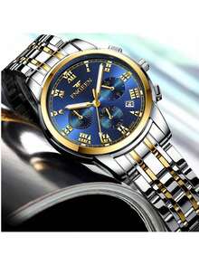 FNGEEN 2pcs/Set Couple Watch With Gold Stainless Steel Strap Roman Scale Blue Dial Calendar Display 50m Waterproof Quartz Watch For Men And Women Precise Timekeeping Japan Imported Quartz Automatic Movement - High-Quality Built-In Long-Life Japan Battery With Small Dial Decoration Valentine's Day Gift Wedding Souvenir - Blue - View 8